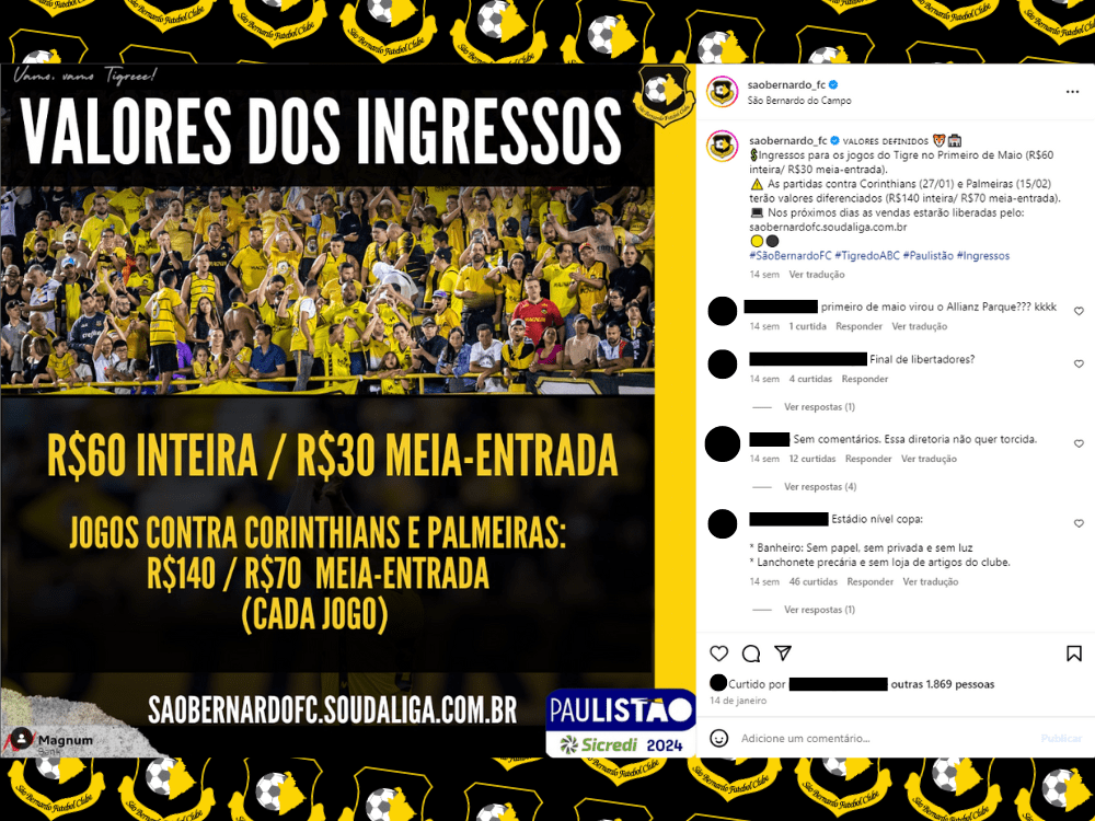 Torcedores também reclamaram do preço dos ingressos do São Bernardo no Paulistão 2024